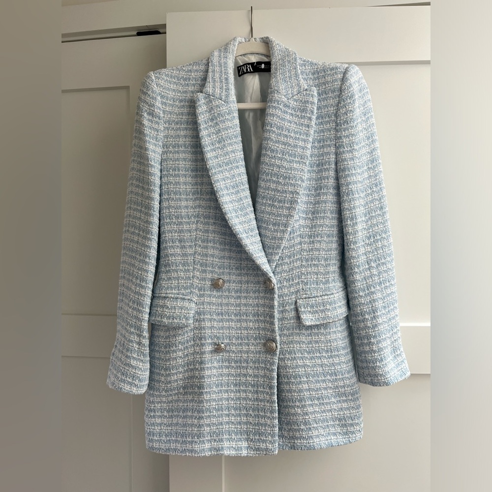 Zara Light Blue and White Tweed Double-Breasted Blazer